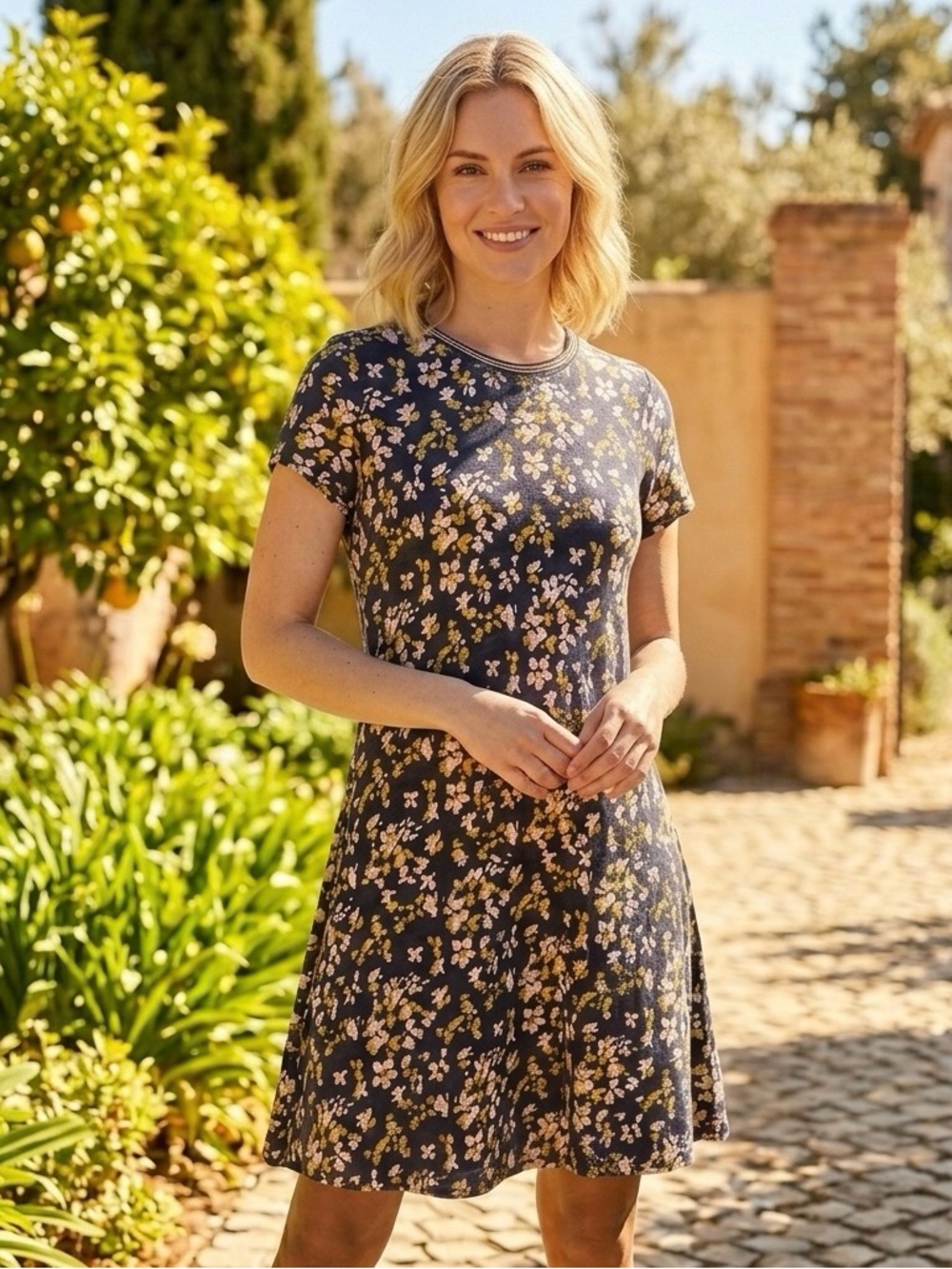 Falls Creek Navy Floral Midi Dress with Yellow and White Blossoms